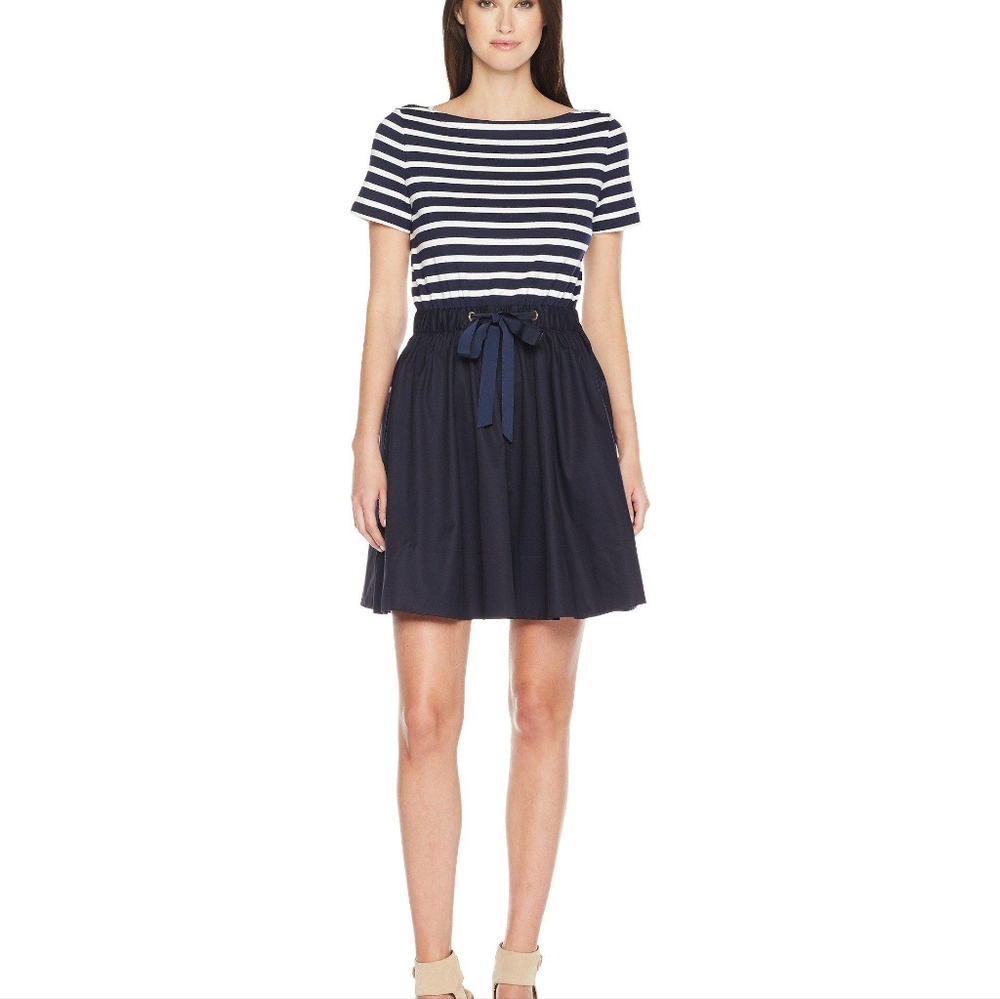 Kate Spade navy stripe mixed media boat neck dress